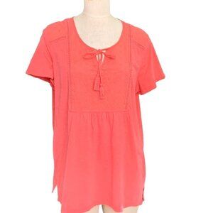 Erika Tunic Top Tassel Tie Neck Embroidered XL Coral Pink #104i